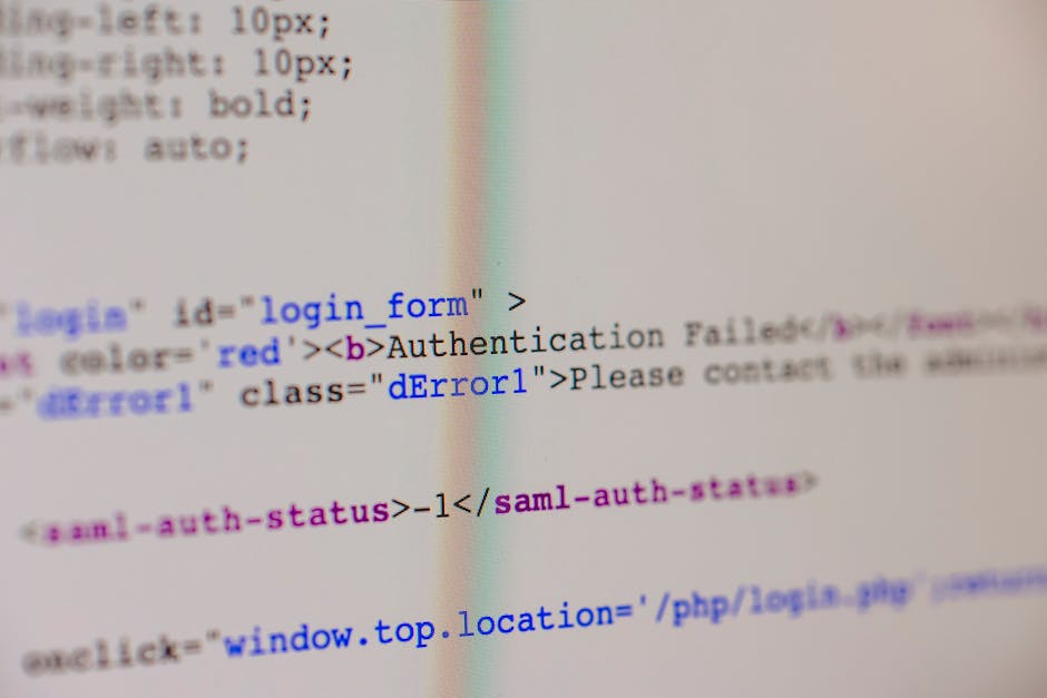 The image displays a dark background with a blurred view of a computer screen featuring lines of source code in various colours, including green, red, yellow, and white. The code appears to be written